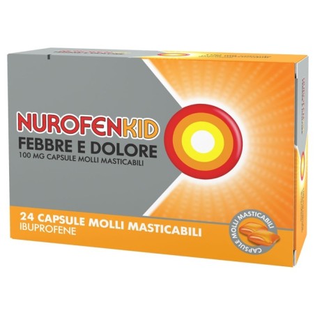 Nurofenkid
febbre e dolore
100 mg capsule molli masticabili
ibuprofene
gusto arancia