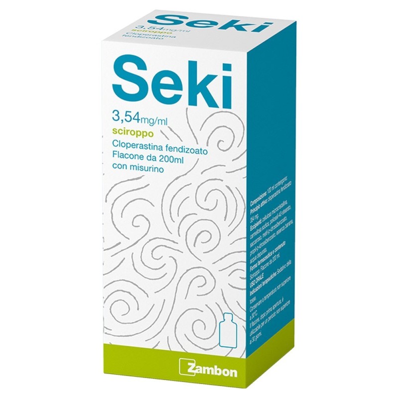 Seki
3,54 mg/ml sciroppo
cloerastina fendizoato
flacone da 200 ml con misurino