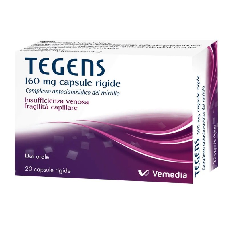 Tegens
160 mg capsule rigide
complesso antocianosidico del mirtillo
insufficienza venosa fragilità capillare