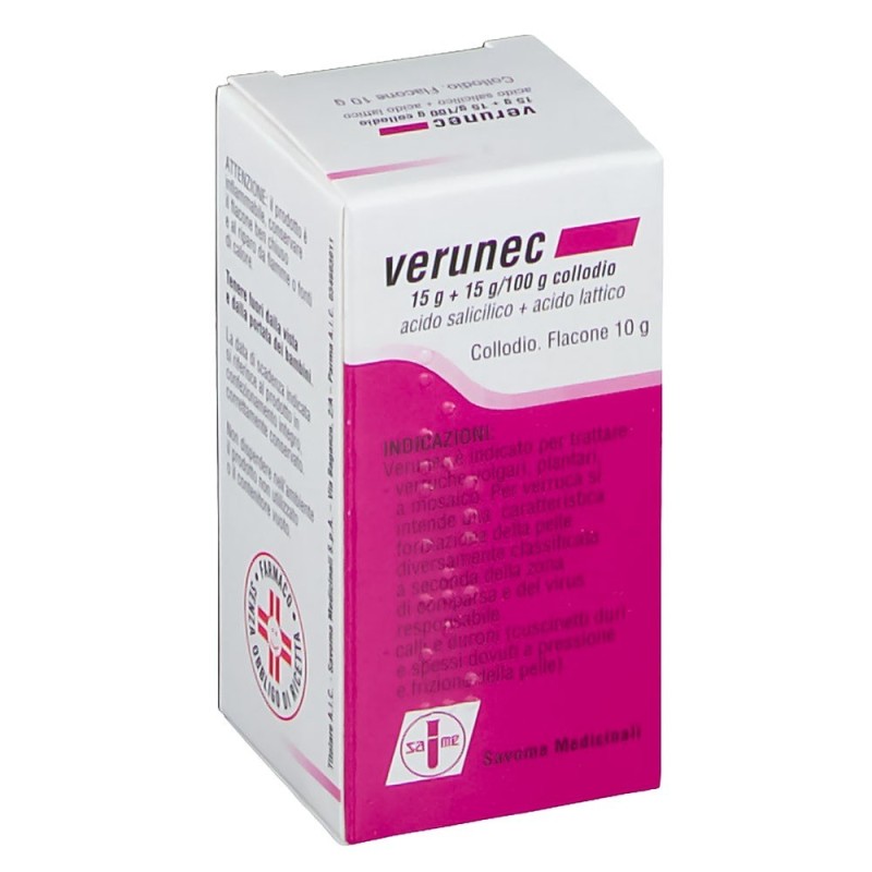 Verunec
15 g + 15 g/100 g collodio
acido salicilico + acido lattico
flaconcino 10 g