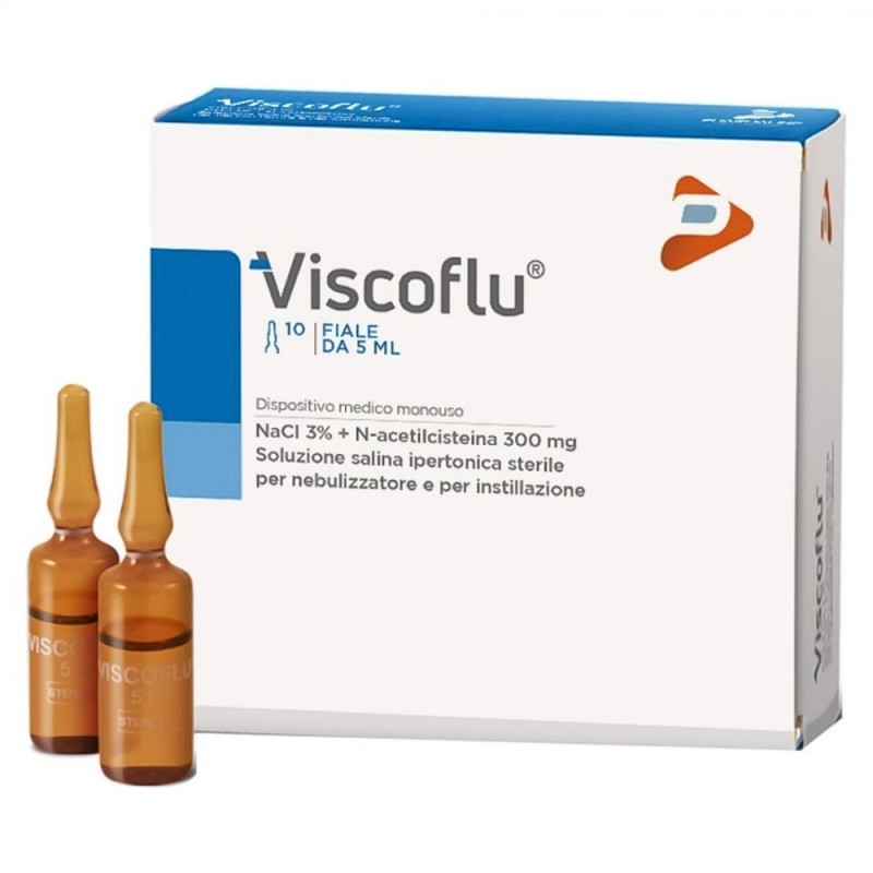 Viscoflu
NaCI 3% + N-acetilcisteina 300 mg
Soluzione salina ipertonica sterile per nebulizzare e per instillazione