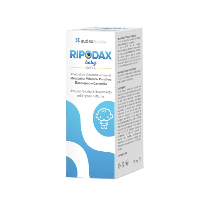 Ripodax
baby gocce
Integratore alimentare a base di melatonina, valeriana, passiflora, biancospino e camomilla