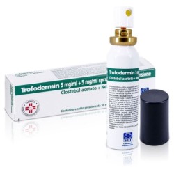 Trofodermin
5mg/ml + 5mg/ml
Clostebol acetato + neomicina solfato
Contenitore sotto pressione da 30 mg