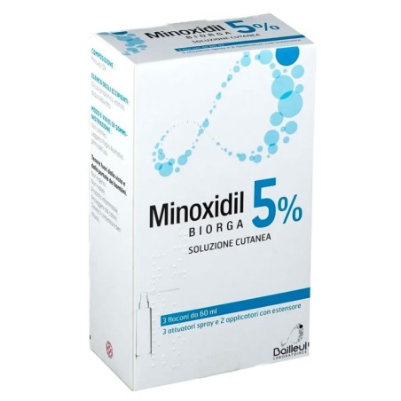 Minoxidil
Biorga 5%
soluzione cutanea
confezione 3 flaconi da 60 ml (3 attuatori spray e 2 applicatori con estensore)