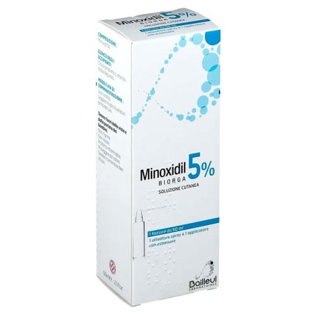 Minoxidil
Biorga 5%
soluzione cutanea
scatola 1 flacone da 60 ml (1 attuatore spray e 1 applicatore con estensore)