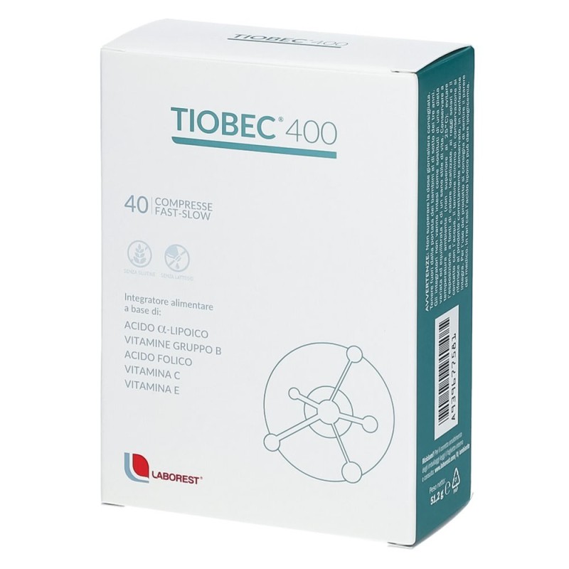 Tiobec 400
Integratore alimentare a base di Acido α-Lipoico, Vitamine gruppo B, acido folico, Vitamina C e Vitamina E