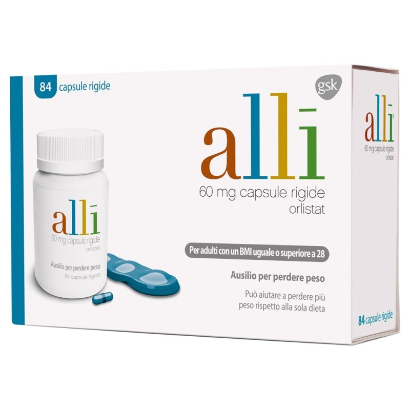 Alli
60 mg capsule rigide - orlistat
Per adulti con un BMI uguale o superiore a 28