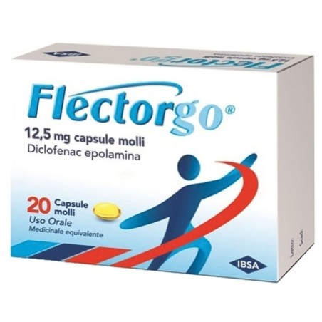 Flectorgo
12,5 mg capsule molli
diclofenac epolamina
uso orale | medicinale equivalente
scatola da 20 capsule molli