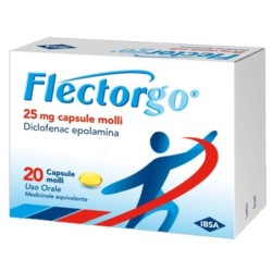 Flectorgo
25 mg capsule molli
diclofenac epolamina
uso orale | medicinale equivalente
scatola da 20 capsule molli