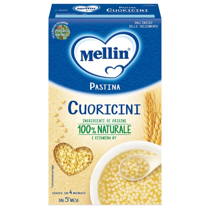 Mellin
Pastina
cuoricini
Ingredienti di origine 100% naturale e vitamina B1
dal 5° mese (dall'inizio dello svezzamento)