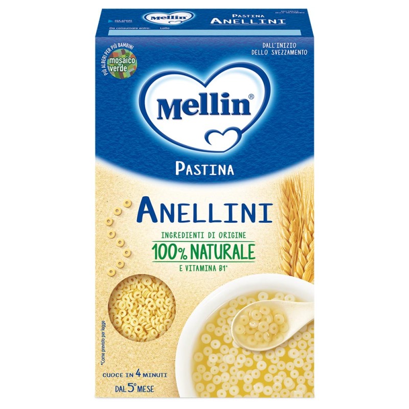 Mellin
Pastina
Anellini
Ingredienti di origine 100% naturale e vitamina B1
cuoce in 4 minuti