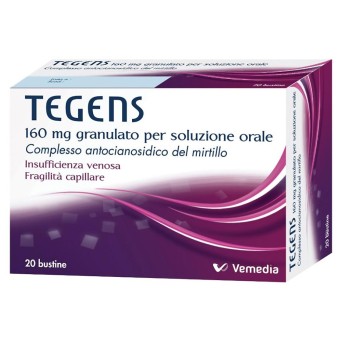 Tegens
160 mg granulato per soluzione orale
complesso antocianosidico del mirtillo
insufficienza venosa, fragilità capillare