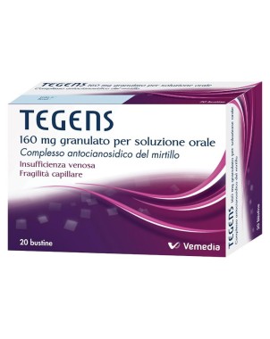 Tegens
160 mg granulato per soluzione orale
complesso antocianosidico del mirtillo
insufficienza venosa, fragilità capillare