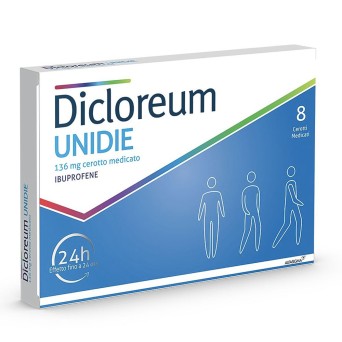 Dicloreum Unidie
136 mg cerotto medicato
mal di schiena e dolori articolari
ibuprofene
24h effetto fino a 24 ore