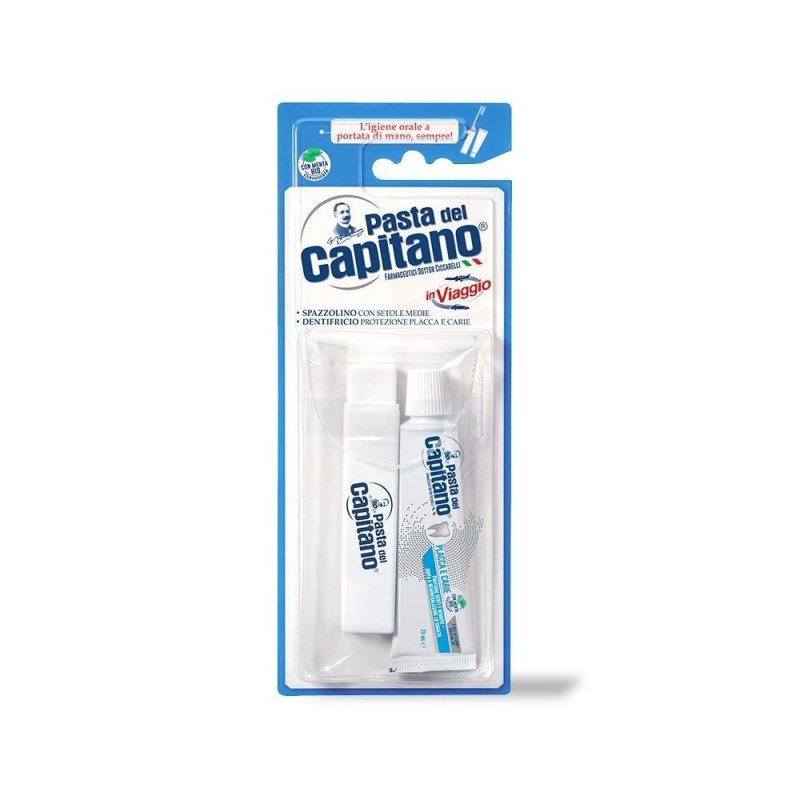 Pasta del Capitano
Kit Viaggio
spazzolino con setole medie
dentifricio protezione placca e carie