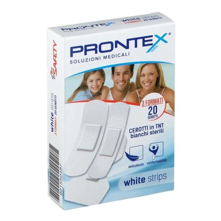 Prontex
white strips
cerotti in TNT bianchi sterili
confezione da 20 pezzi assortiti (3 formati)