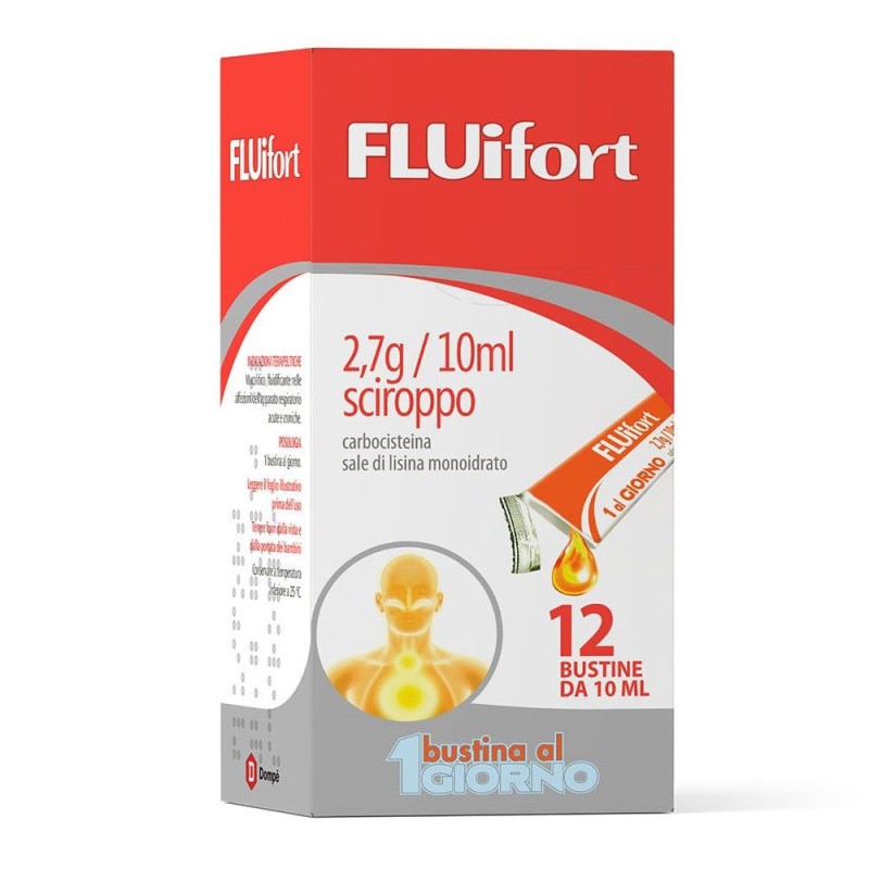 FLUifort
2,7g/10ml sciroppo
carbocisteina sale di lisina monoidratto
confezione 12 bustine da 10 ml (1 al giorno)