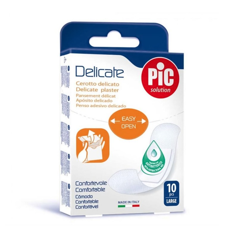 PiC solution
Delicate
cerotto delicato
tampone con antibatterico
confortevole
formato 25x72 mm (large) 10 pezzi