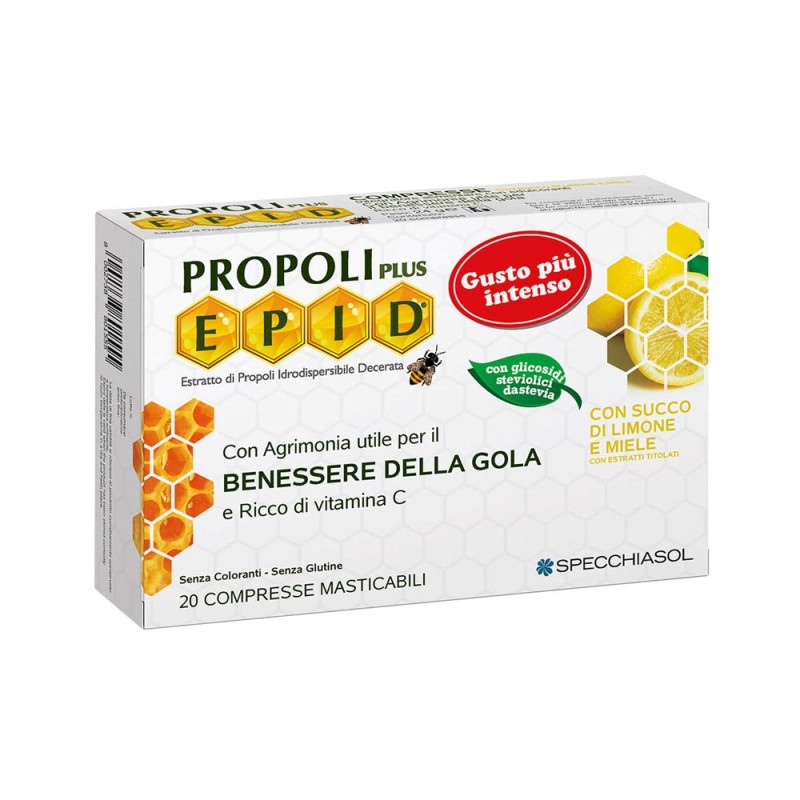 E.P.I.D.
Propoli Plus
con Agrimonia utile per il benessere della gola e ricco di vitamina C
con succo di limone e miele