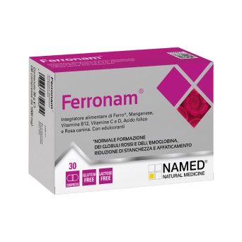 Ferronam Integratore alimentare di ferro*, manganese, vitamina B12, vitamina C e D, acido folico e rosa canina.