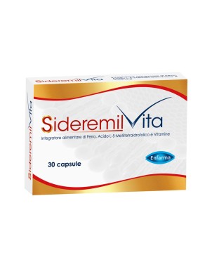 SideremilVita
integratore alimentare di ferro, acido L-5-metiltetraidrofolico e vitamine.
scatola da 30 capsule