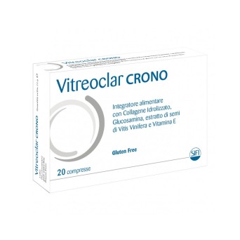 Vitreoclar crono
Integratore alimentare con collagene idrolizzato, glucosamina, estrati di semi di vitis vinifera e vitmina E