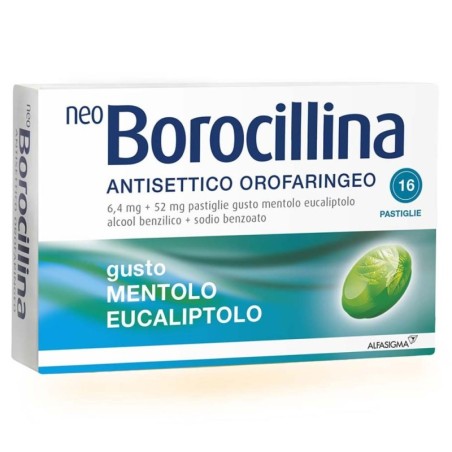 Neoborocillina antisettico orofaringeo confezione da 16 pastiglie gusto mentolo eucalipto