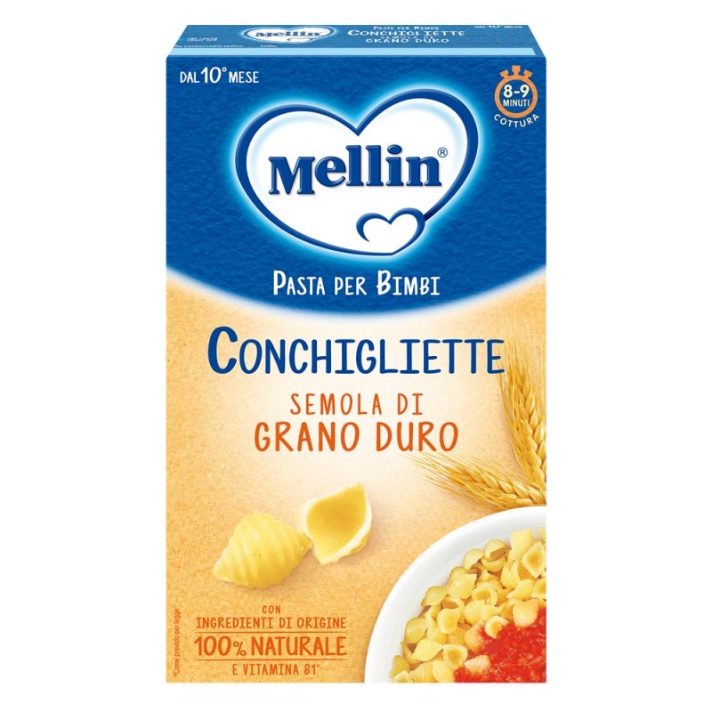 Mellin
pasta per bimbi
Conchigliette
semola di grano duro
Ingredienti di origine 100% naturale e vitamina B1