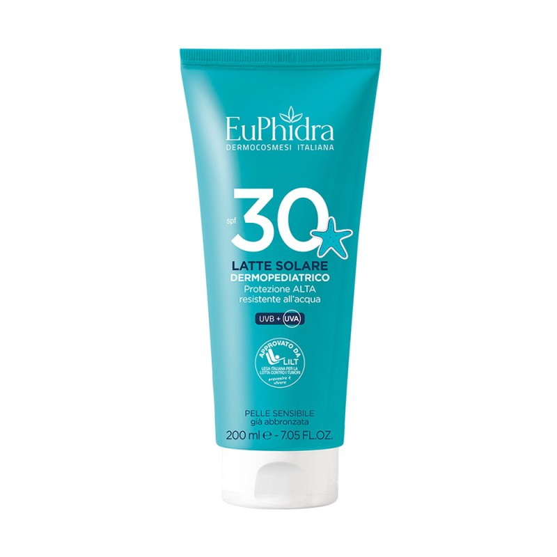 EuPhidra
Latte Solare
Dermopediatrico
SPF 30 (protezione alta)
resistente all'acqua