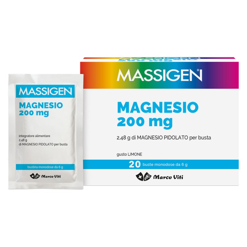 Massigen
Magnesio 200 mg
2,48 g di magnesio pidolato per busta
gusto limone
confezione 20 bustine monodose da 6 g