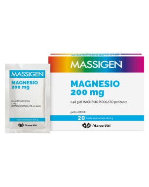 Massigen
Magnesio 200 mg
2,48 g di magnesio pidolato per busta
gusto limone
confezione 20 bustine monodose da 6 g