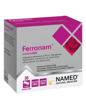 Ferronam
orosolubile
Integratore alimentare di Ferro*, Manganese, Vitamina B12, Vitamine C e D, Acido folico e Rosa canina