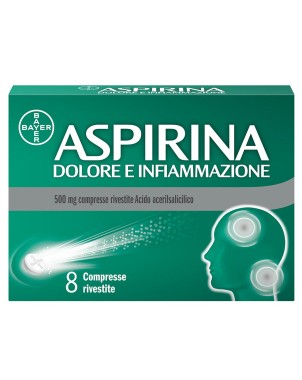 Aspirina
Dolore e Infiammazione
500 mg compresse rivestite Acido acetilsalicilico
scatola da 8 compresse rivestite