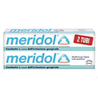 Meridol Dentifricio 2 Tubi 75 ml indicato per l'igiene orale quotidiana, combatte le cause dell'irritazione gengivale.