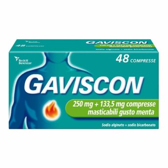 Gaviscon 250 + 133,5 mg 48 compresse sodio alginato + sodio bicarbonato masticabili gusto menta scatola da 48 compresse