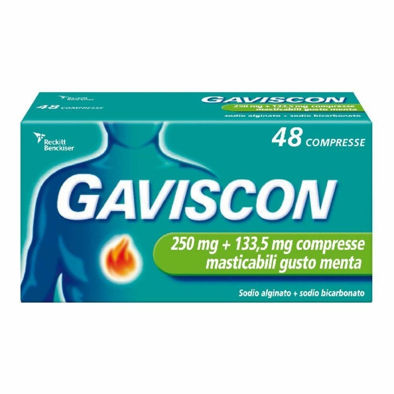 Gaviscon
250 + 133,5 mg 48 compresse
sodio alginato + sodio bicarbonato
masticabili gusto menta
scatola da 48 compresse