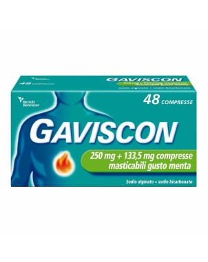 Gaviscon
250 + 133,5 mg 48 compresse
sodio alginato + sodio bicarbonato
masticabili gusto menta
scatola da 48 compresse