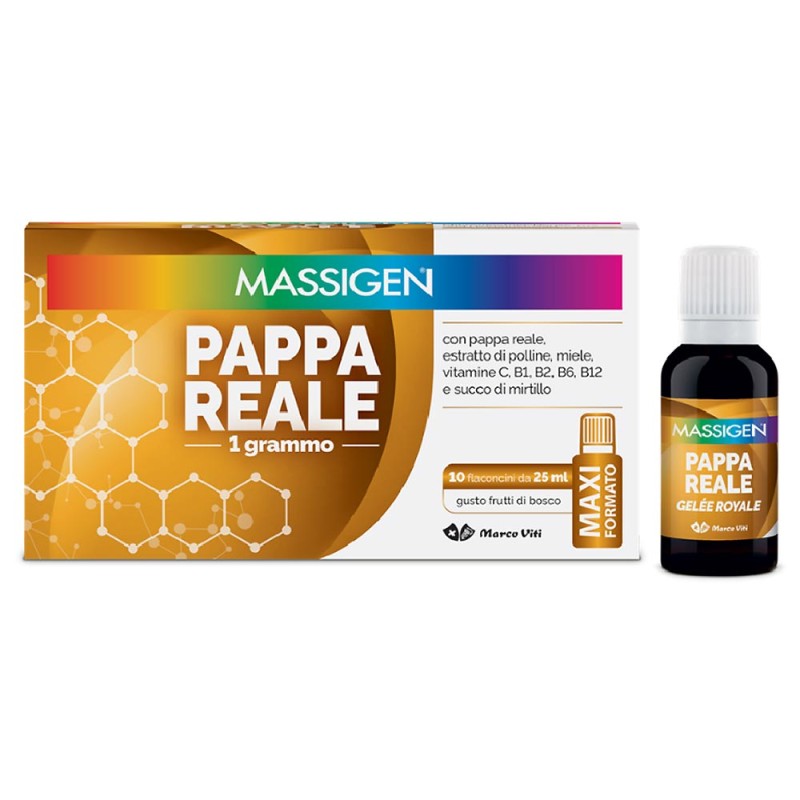 Massigen
Pappa Reale 1 grammo
con pappa reale, estratto di polline, miele, vitamine C, B1, B2, B6, B12 e succo di mirtillo