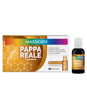 Massigen
Pappa Reale 1 grammo
con pappa reale, estratto di polline, miele, vitamine C, B1, B2, B6, B12 e succo di mirtillo