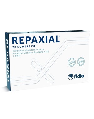 Repaxial
Integratore alimentare a base di estratto di Verbasco, Riso Nero (C3G) e Zinco
scatola da 20 compresse