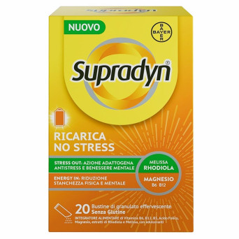 Supradyn
Ricarica no stress
vitamina B6, B12, B5, acido folico, magnesio, estratti di Rhodiola e Melissa