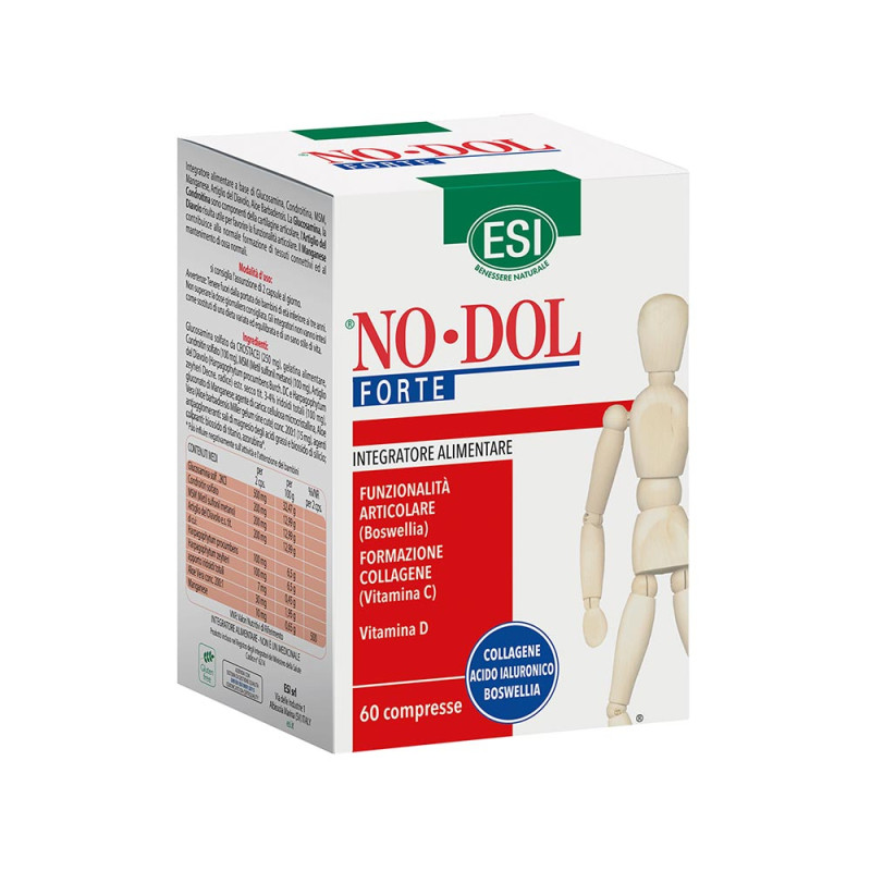 ESI
No Dol forte
Funzionalità articolare (Boswellia), Formazione Collagene (Vitamina C), Vitamina D