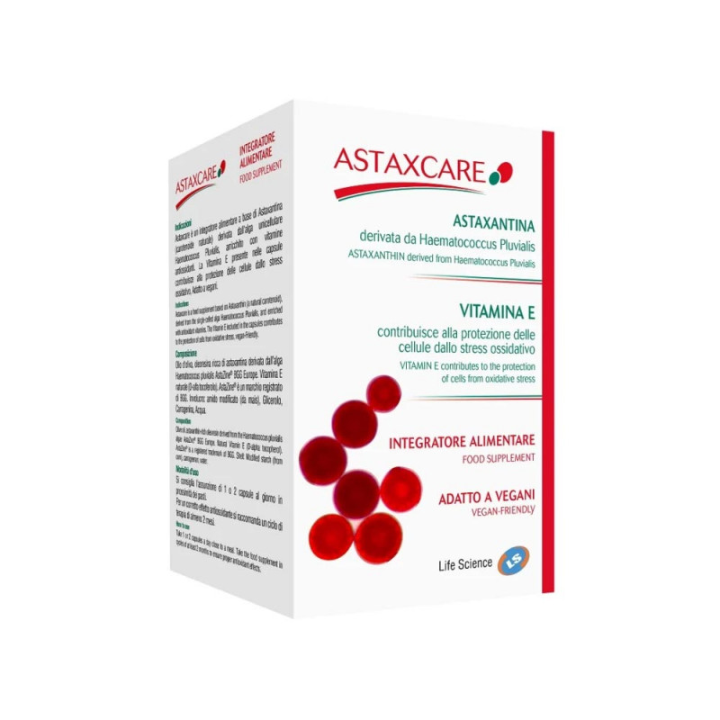 Astaxcare Integratore alimentare a base di astaxantina arricchito con vitamine antiossidanti.
Scatola da 30 cpasule