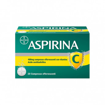 Aspirina C 20 comprimés effervescents indiqué en cas de rhume, grippe, mal de gorge.