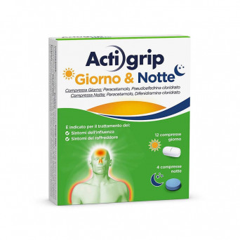 Actigrip giorno e notte 12 + 4 compresse indicato per il trattamento dei sintomi dell'influenza e del raffreddore