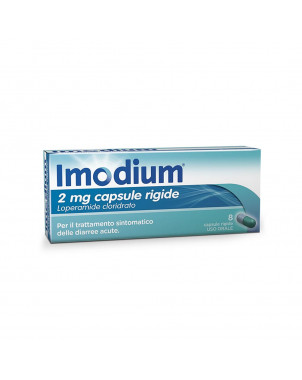 Imodium 2 mg 8 hard capsules indicated for the symptomatic treatment of acute diarrhea