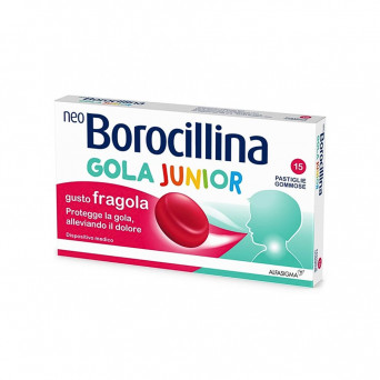 Neoborocillina Gola Junior 15 pastiglie gommose gusto fragola protegge la gola dei bambini, alleviando il dolore.