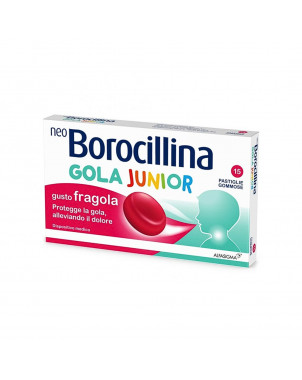 Neoborocillina Gola Junior 15 pastiglie gommose gusto fragola protegge la gola dei bambini, alleviando il dolore.