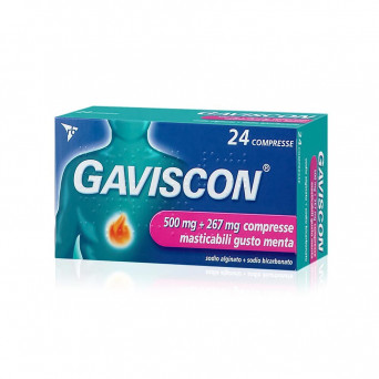 Gaviscon 500 mg + 267 mg 24 compresse menta indicato per un rapido sollievo dai sintomi dal bruciore di stomaco occasionale