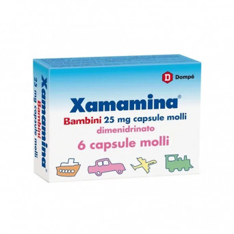 Xamamina bambini 25 mg 6 capsule utile nella prevenzione dei malesseri causati da mal di mare, d'aereo, d'auto e di treno.